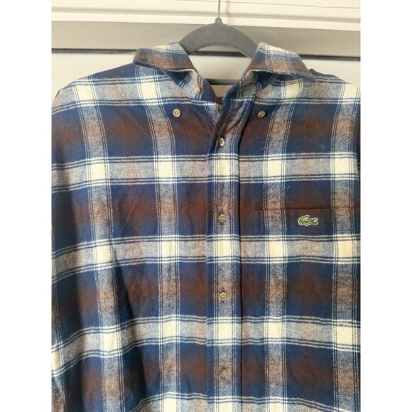 Lacoste Shirt Men 40 Regular Fit Blue Brown Plaid Flannel Cabin Country - Picture 2 of 9